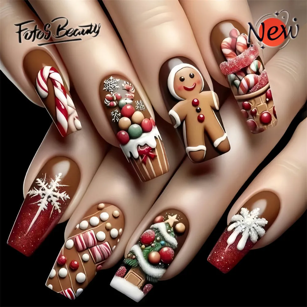 Fofosbeauty 24pcs Press on Nails, Fake Nails, Full Cover Acrylic Nails for Girls Women Kids, Coffin Christmas Tree Cookies Snowflake Red Brown