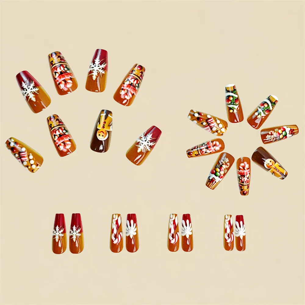Fofosbeauty 24pcs Press on Nails, Fake Nails, Full Cover Acrylic Nails for Girls Women Kids, Coffin Christmas Tree Cookies Snowflake Red Brown