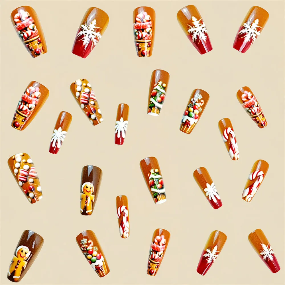 Fofosbeauty 24pcs Press on Nails, Fake Nails, Full Cover Acrylic Nails for Girls Women Kids, Coffin Christmas Tree Cookies Snowflake Red Brown