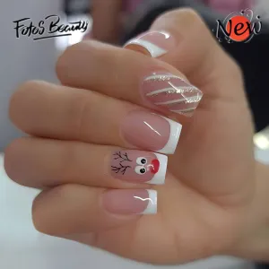 Fofosbeauty 24pcs Press on Nails, Fake Nails, Full Cover Acrylic Nails for Girls Women Kids, Square Christmas Elk French Pink White Border