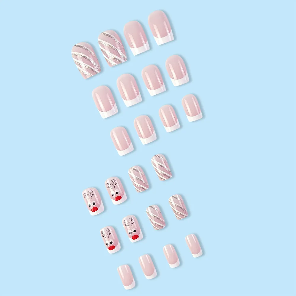 Fofosbeauty 24pcs Press on Nails, Fake Nails, Full Cover Acrylic Nails for Girls Women Kids, Square Christmas Elk French Pink White Border