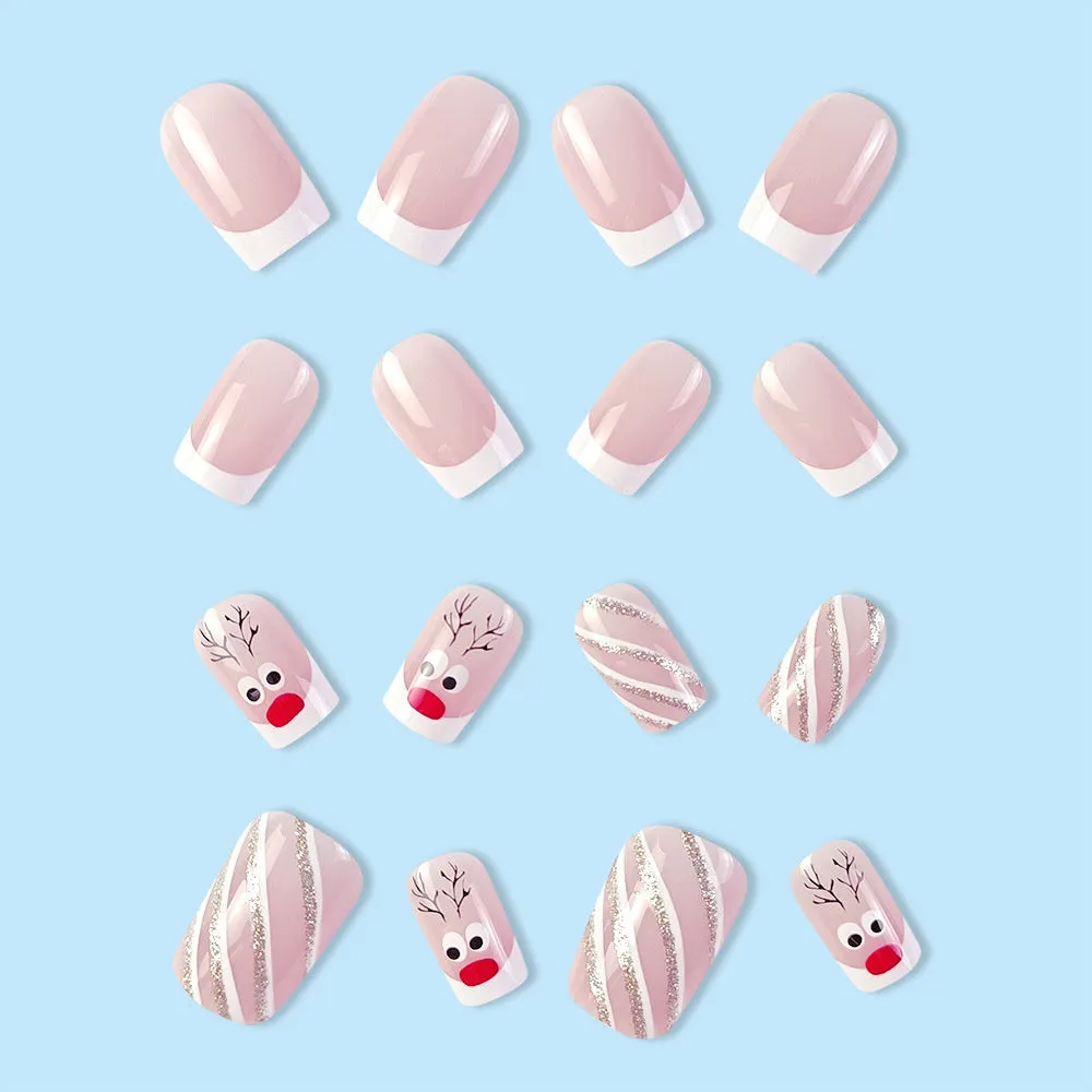 Fofosbeauty 24pcs Press on Nails, Fake Nails, Full Cover Acrylic Nails for Girls Women Kids, Square Christmas Elk French Pink White Border