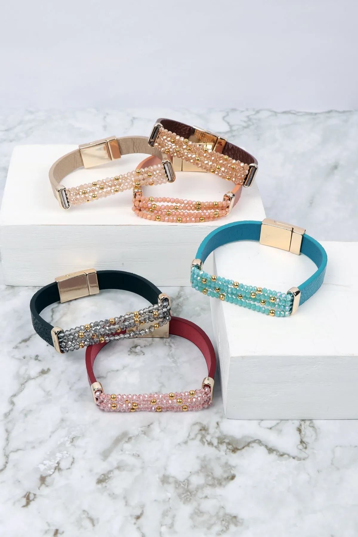 FOUR-LINE BEADED LEATHER STRAP MAGNETIC BRACELET