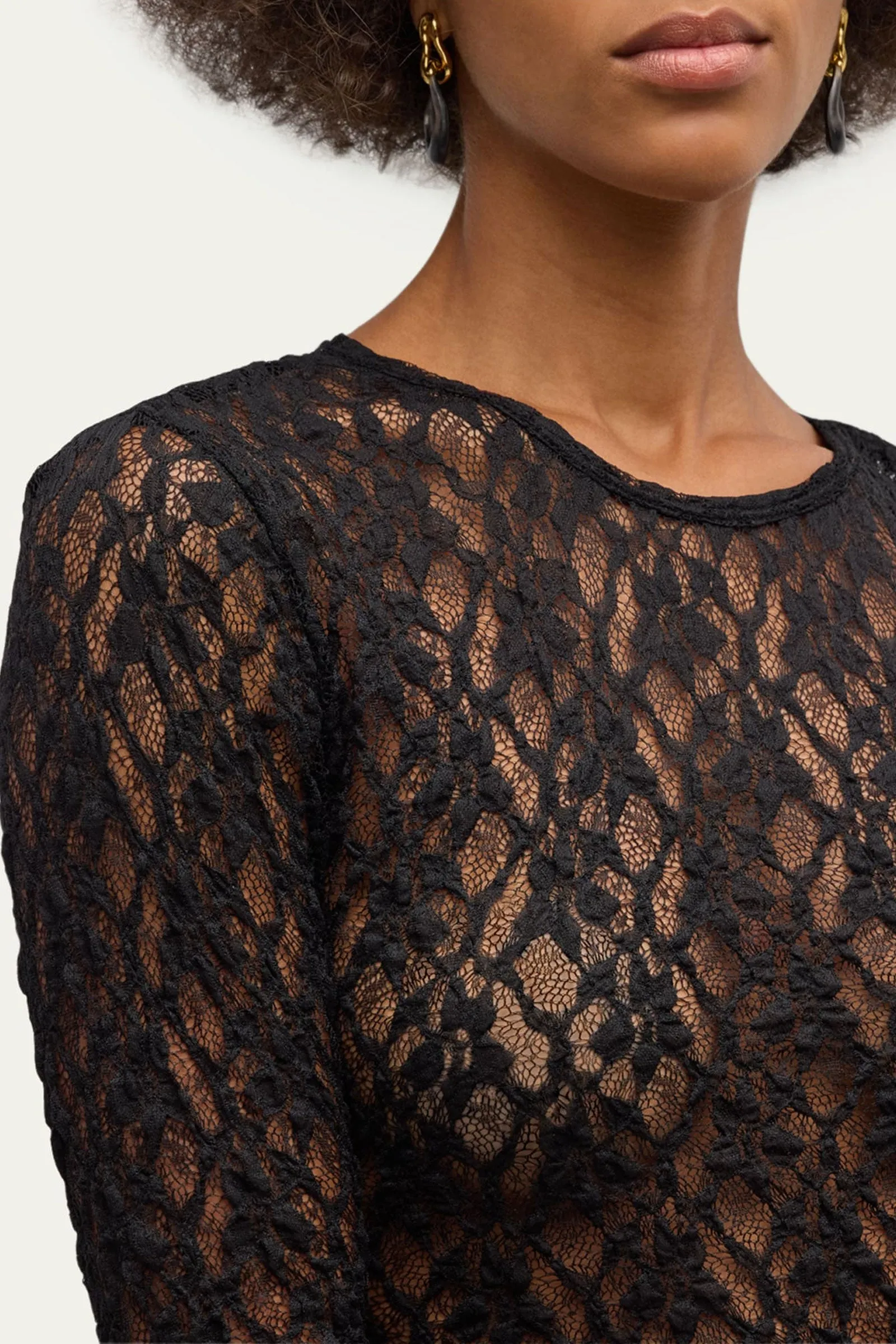 Frame Mesh Lace Crewneck in Black