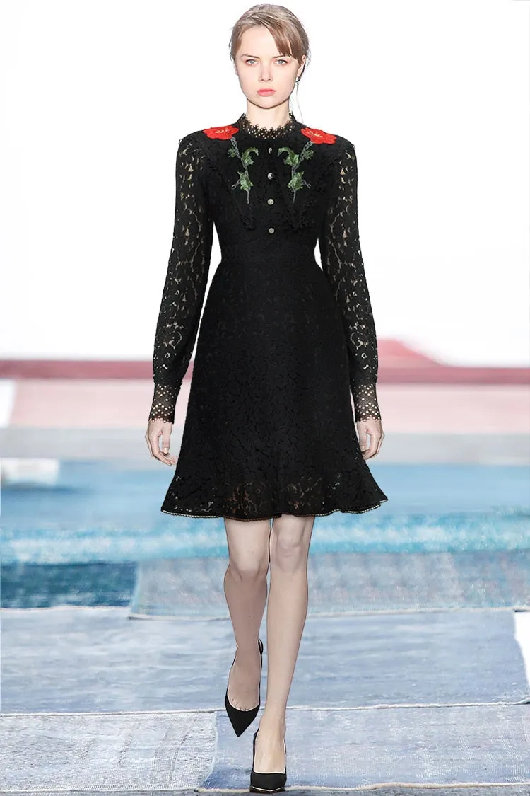 Geneve Embroidered Hollow Out Lace Elegant Blacki Party Mini Dress