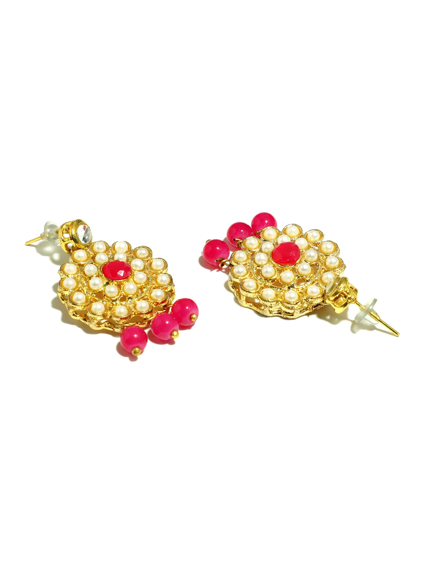 Gold Plated Pink Beads Kundan Dangler Earrings for Women