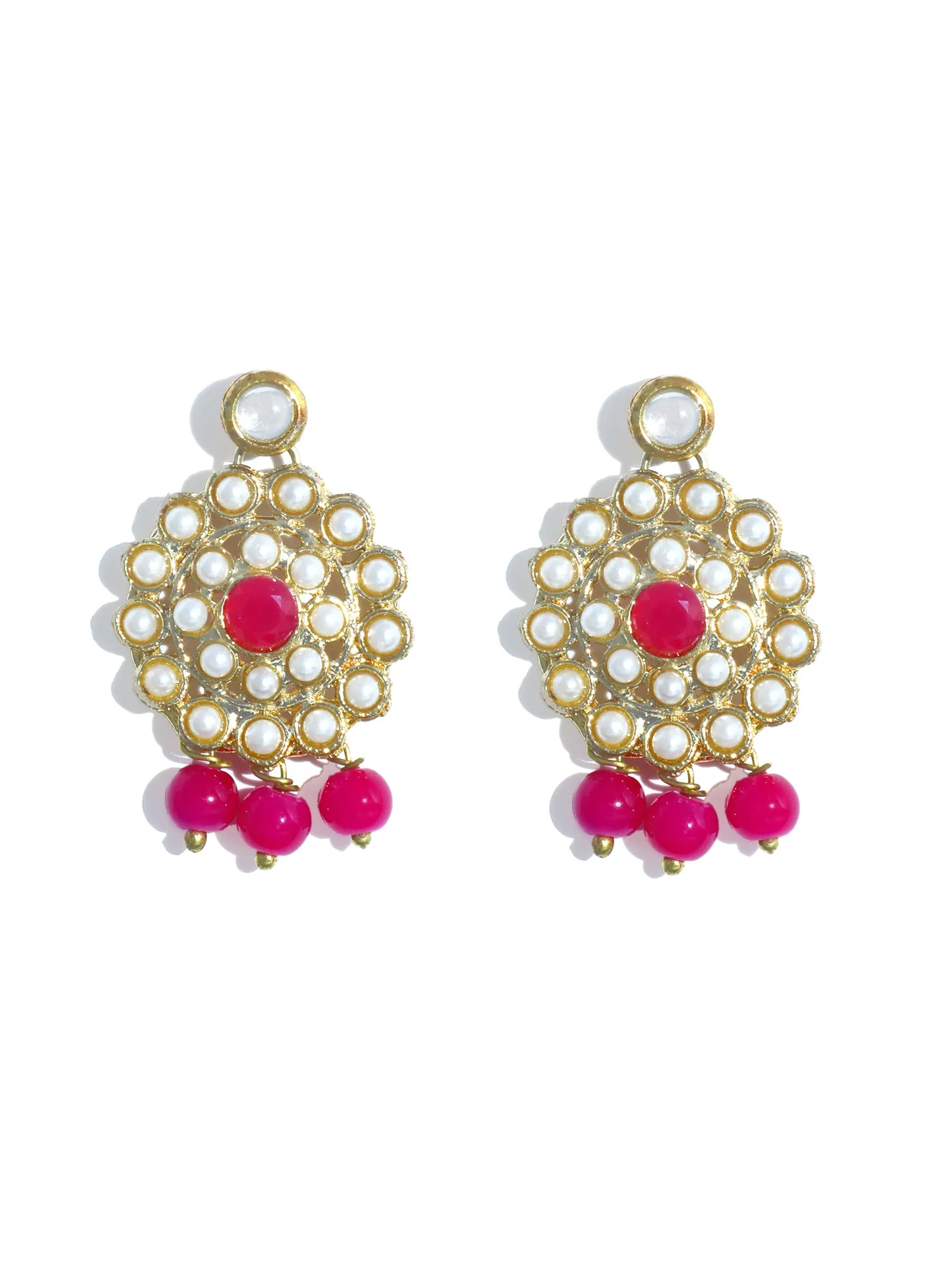 Gold Plated Pink Beads Kundan Dangler Earrings for Women