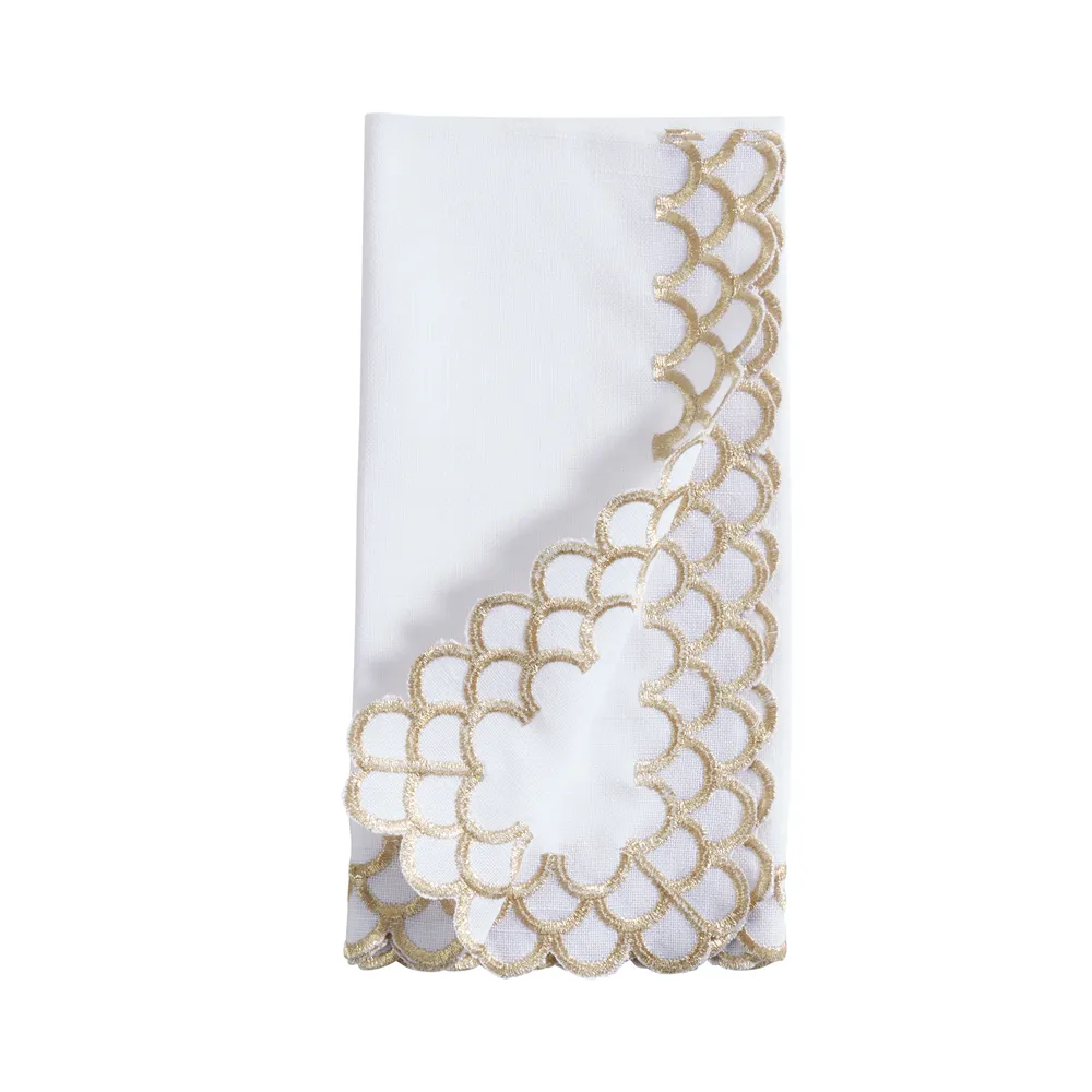 Gold Scalloped Border White 20" Cloth Napkins Set of 4
