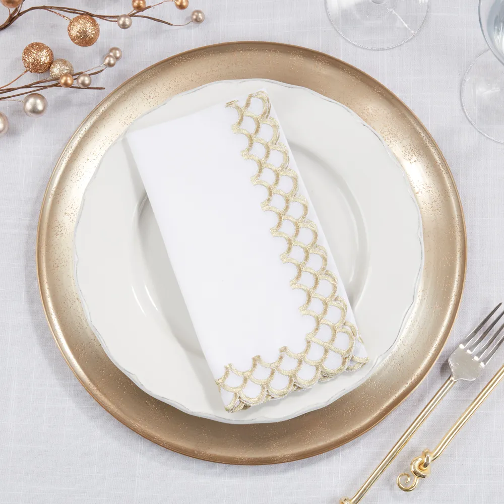 Gold Scalloped Border White 20" Cloth Napkins Set of 4