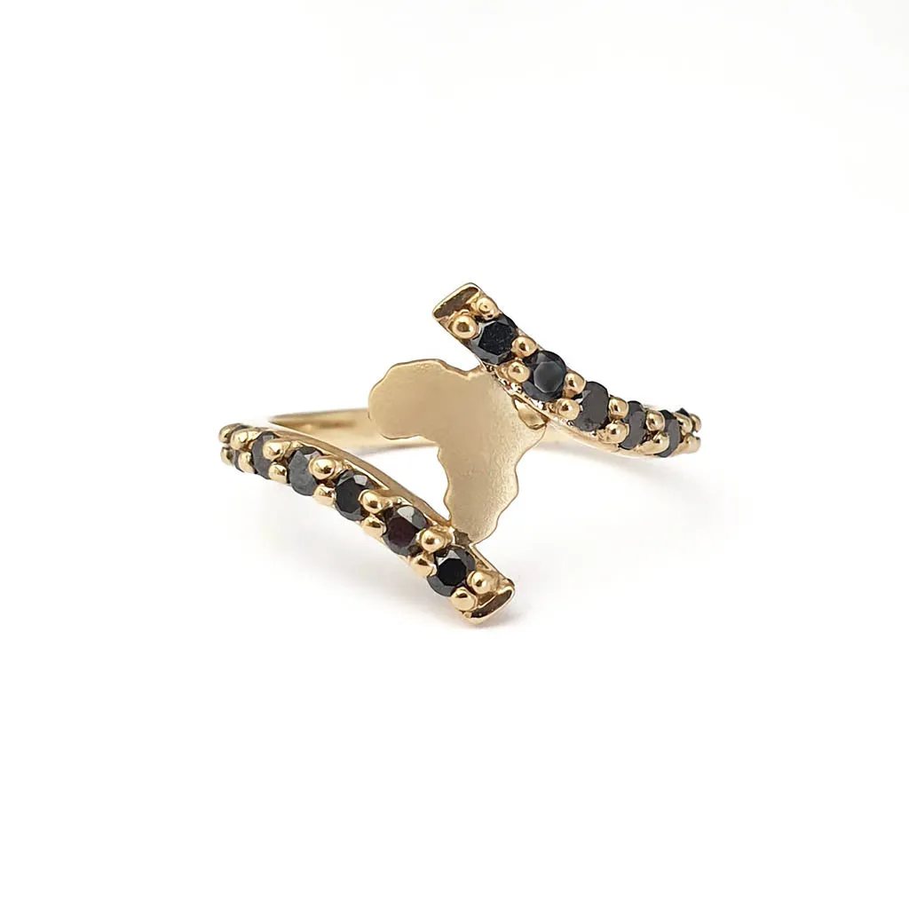 Gold Split Band Africa Map Ring with Black Diamond Embellishment