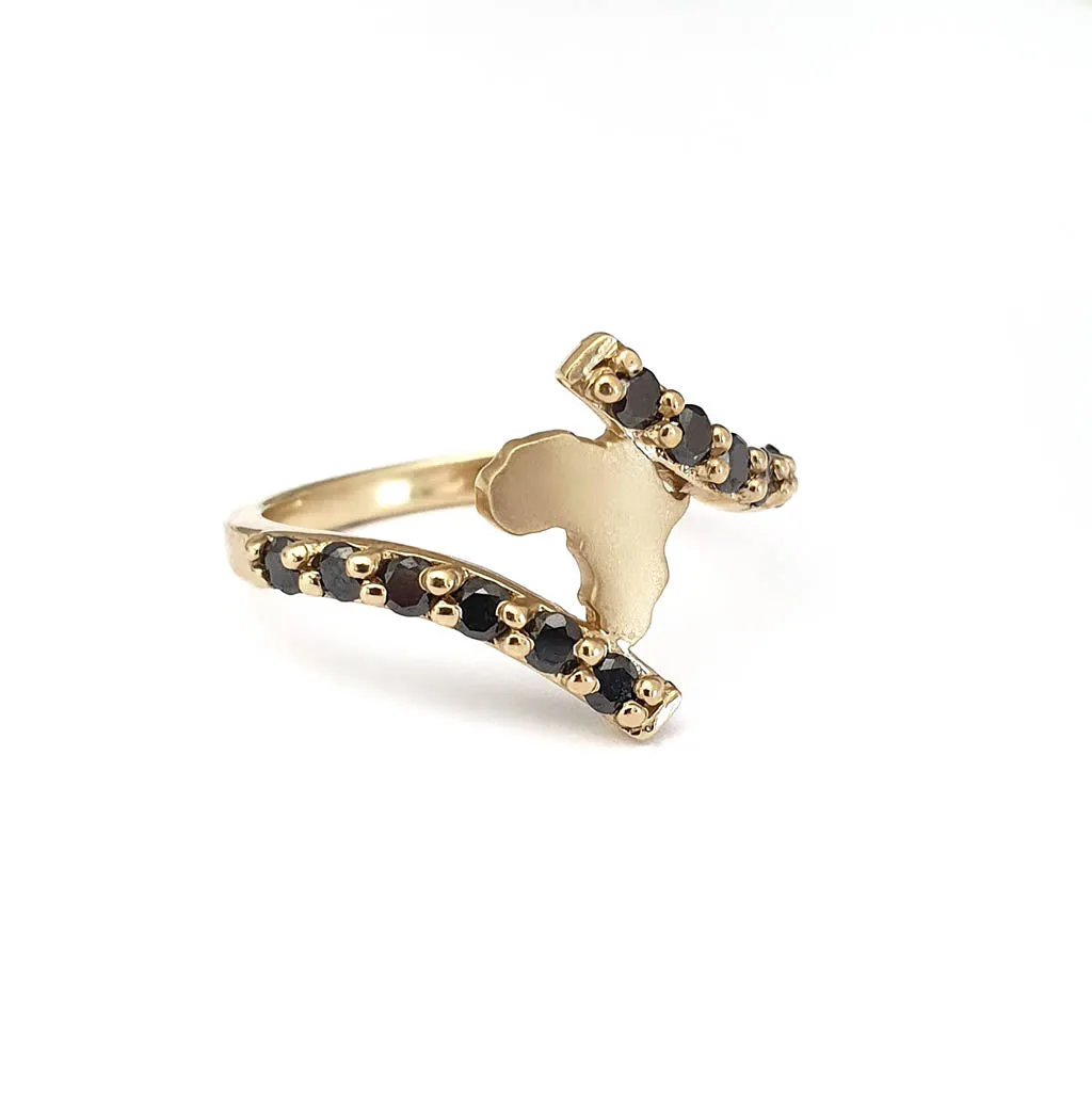 Gold Split Band Africa Map Ring with Black Diamond Embellishment