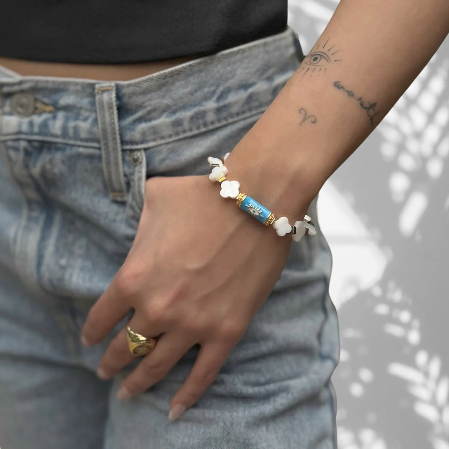 Good Luck Clover Beaded Turquoise Evil Eye Bracelet