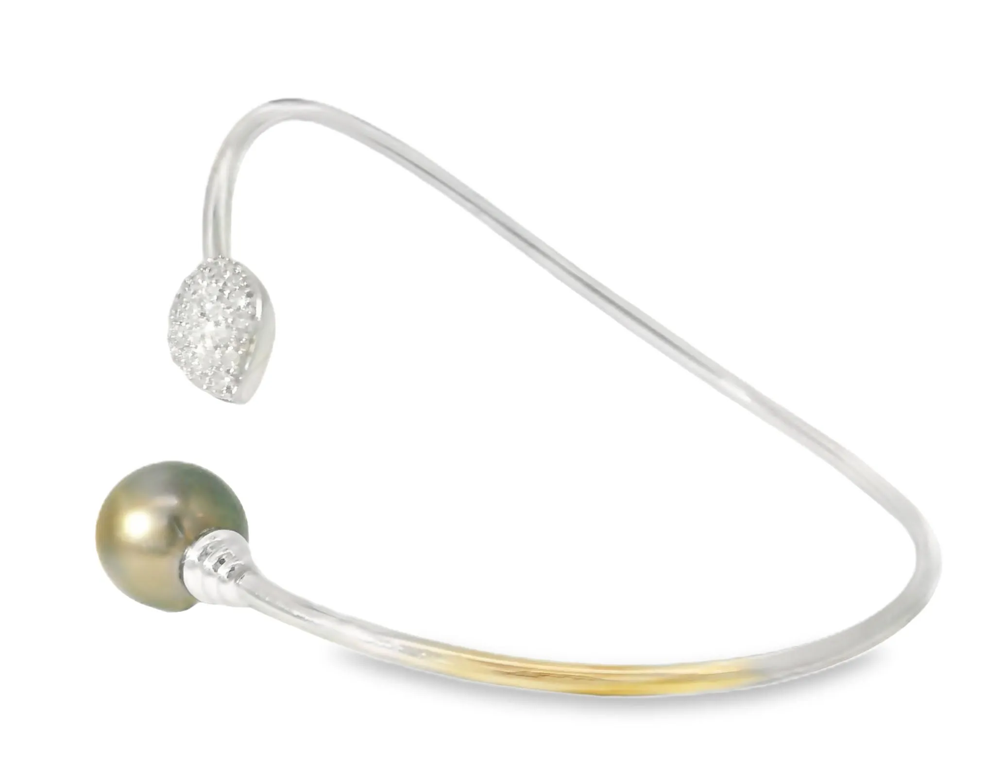 Gorgeous Estate 14K White Gold Diamond Tahitian Black Pearl Bangle Bracelet