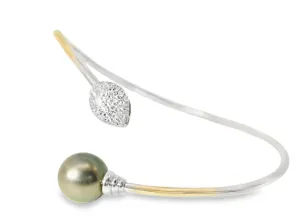Gorgeous Estate 14K White Gold Diamond Tahitian Black Pearl Bangle Bracelet