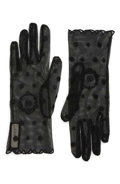 Gucci GG Laurel Embroidered Tulle Gloves in Black