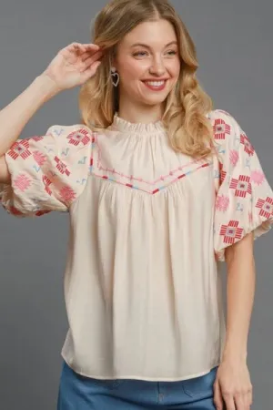 Hazel Blues® | Umgee Embroidered Puff Sleeve Mock Neck Top
