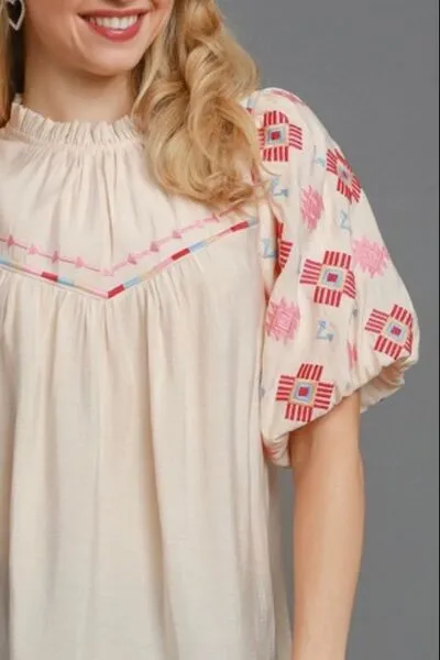 Hazel Blues® | Umgee Embroidered Puff Sleeve Mock Neck Top