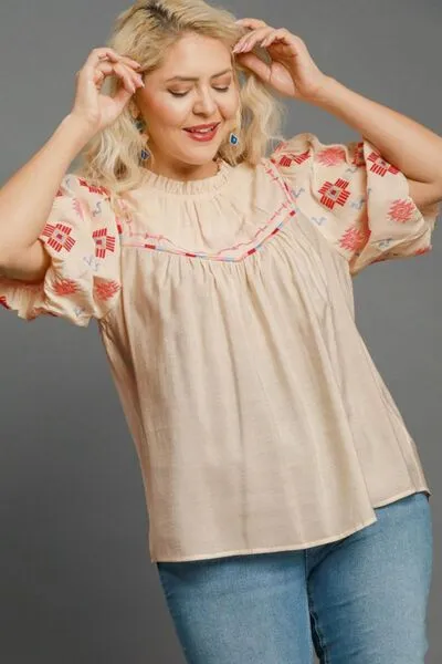 Hazel Blues® | Umgee Embroidered Puff Sleeve Mock Neck Top