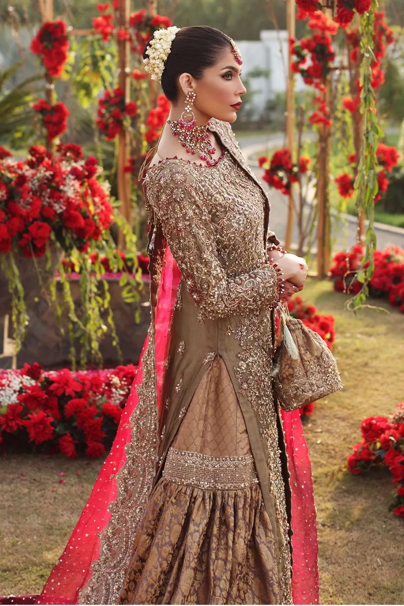 Heavy Golden Long Kameez Lehenga for Indian Bridal Wear