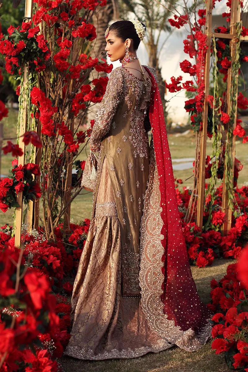 Heavy Golden Long Kameez Lehenga for Indian Bridal Wear