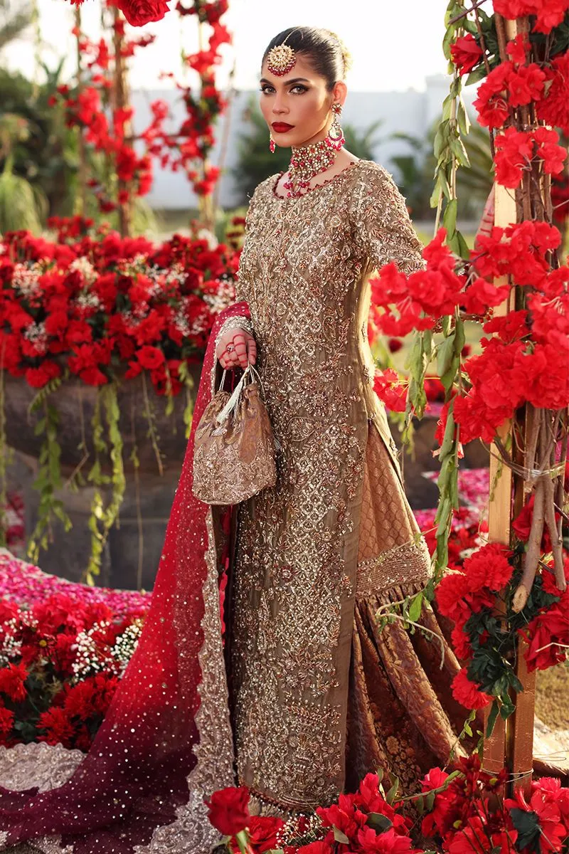 Heavy Golden Long Kameez Lehenga for Indian Bridal Wear