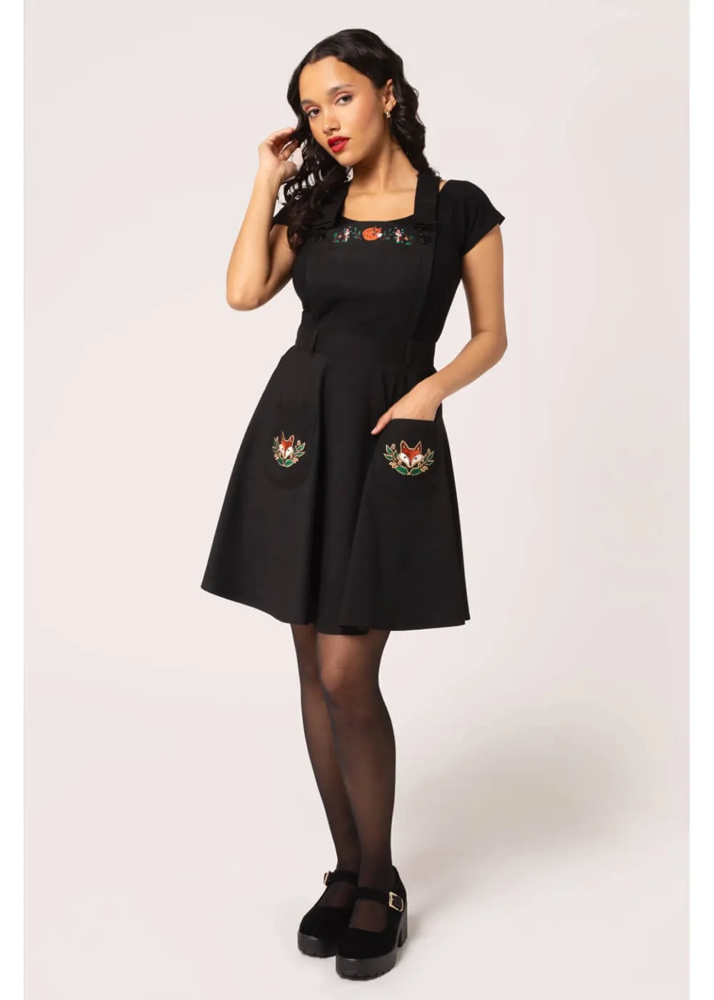 Hell Bunny Basil Fox 40's Pinafore Swing Dress Black