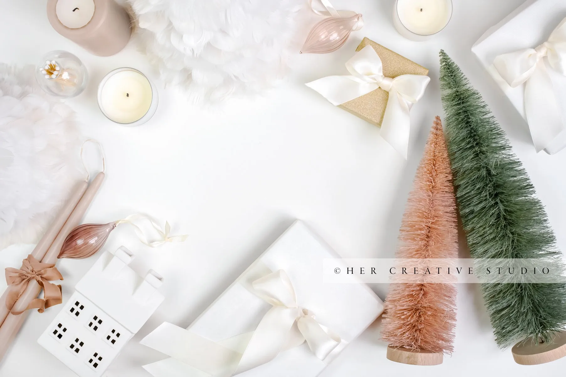 Holiday Flatlay with Trees, Gifts, Village Home & Ornaments