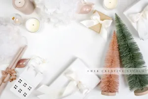 Holiday Flatlay with Trees, Gifts, Village Home & Ornaments