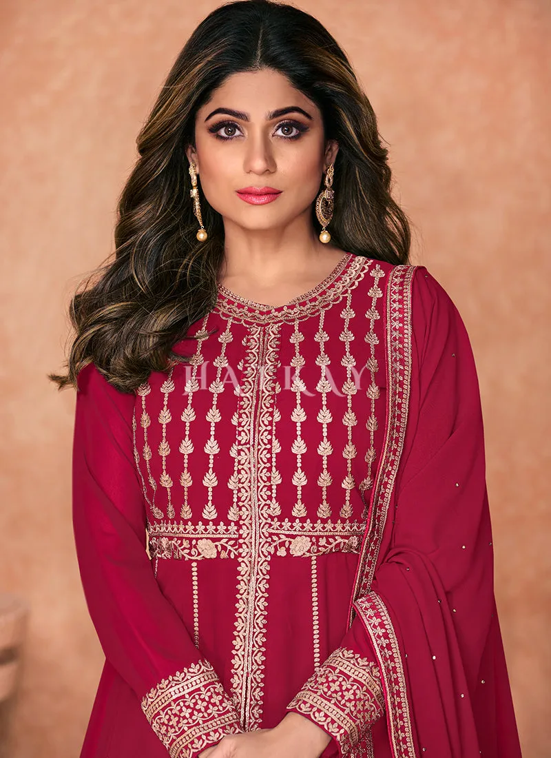 Hot Pink Embroidered Traditional Anarkali Lehenga Suit