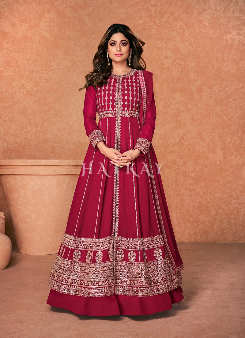 Hot Pink Embroidered Traditional Anarkali Lehenga Suit