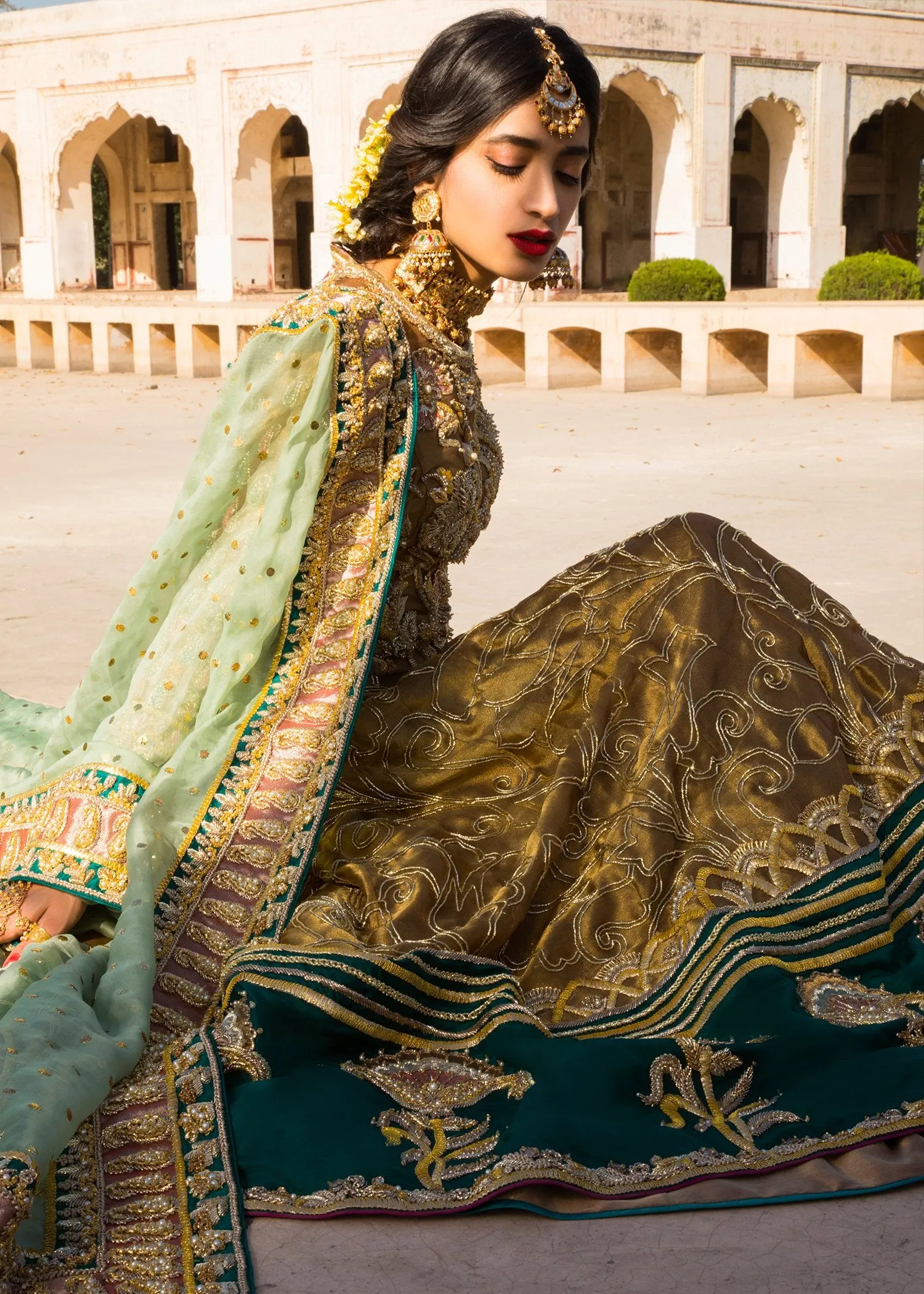 Indian embroidered frock dress for bridal wear in dull gold color # B3388
