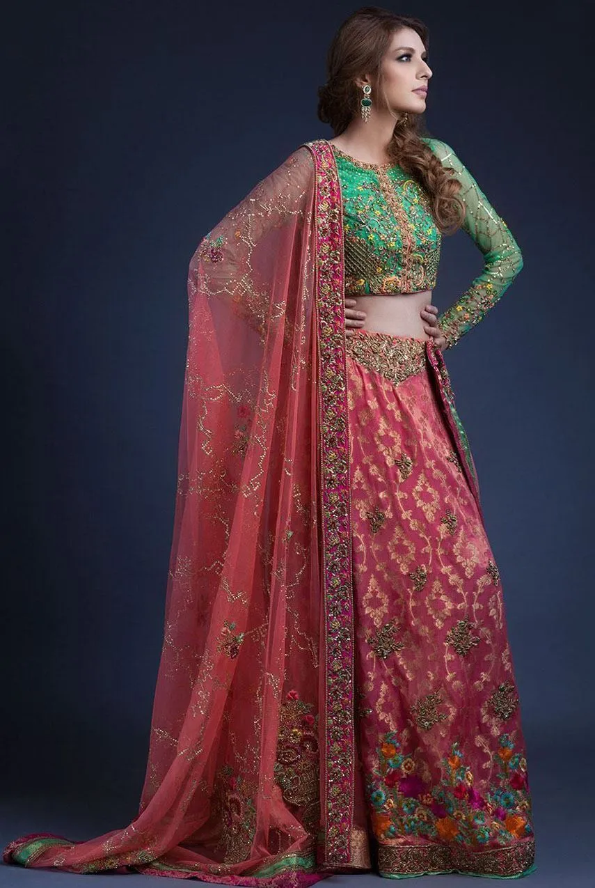 Indian mehndi lehnga dress in pink and green color # B3323