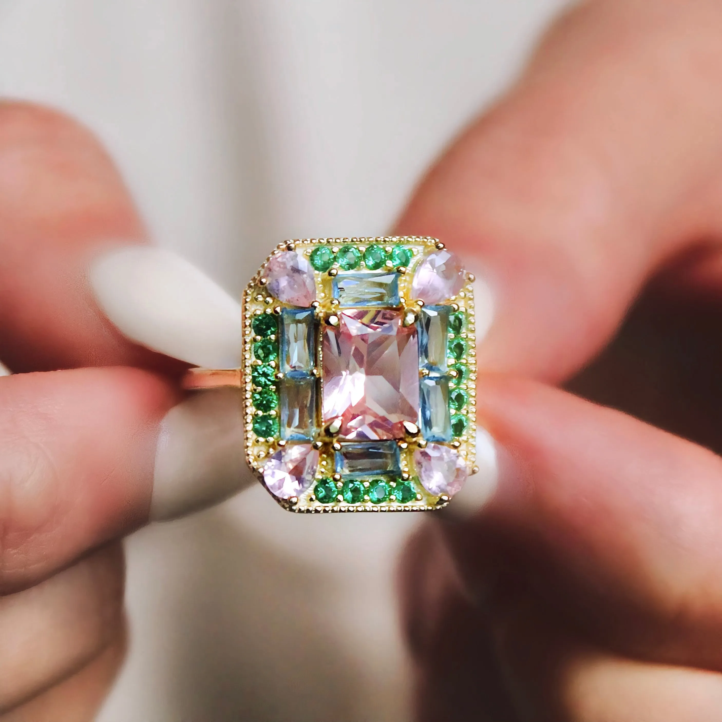 Lab-Grown Emerald Morganite Art Deco Cocktail Ring