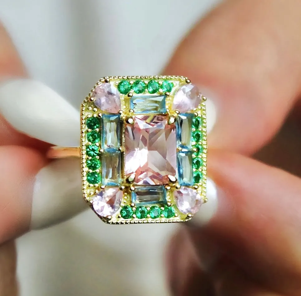 Lab-Grown Emerald Morganite Art Deco Cocktail Ring