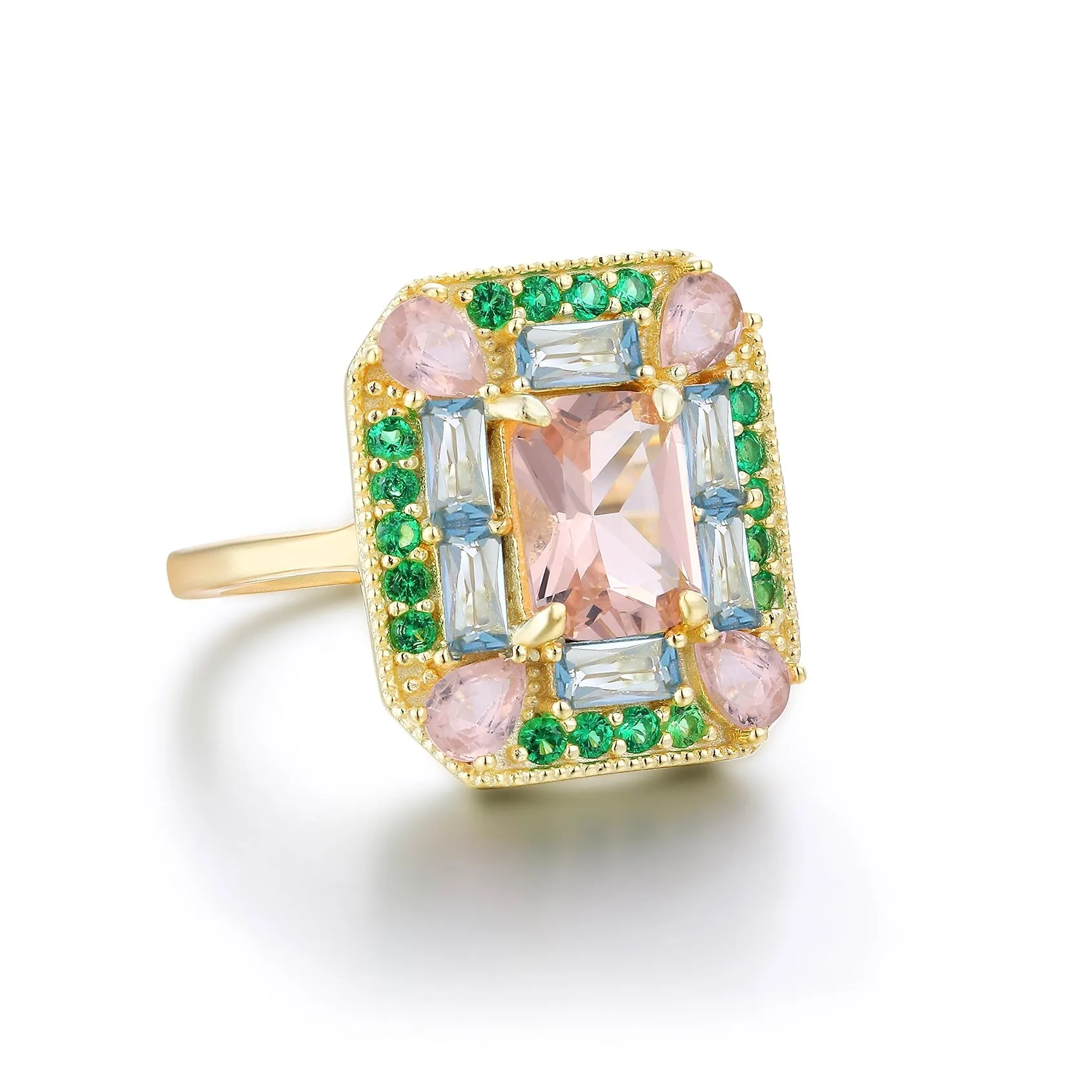 Lab-Grown Emerald Morganite Art Deco Cocktail Ring