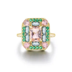 Lab-Grown Emerald Morganite Art Deco Cocktail Ring
