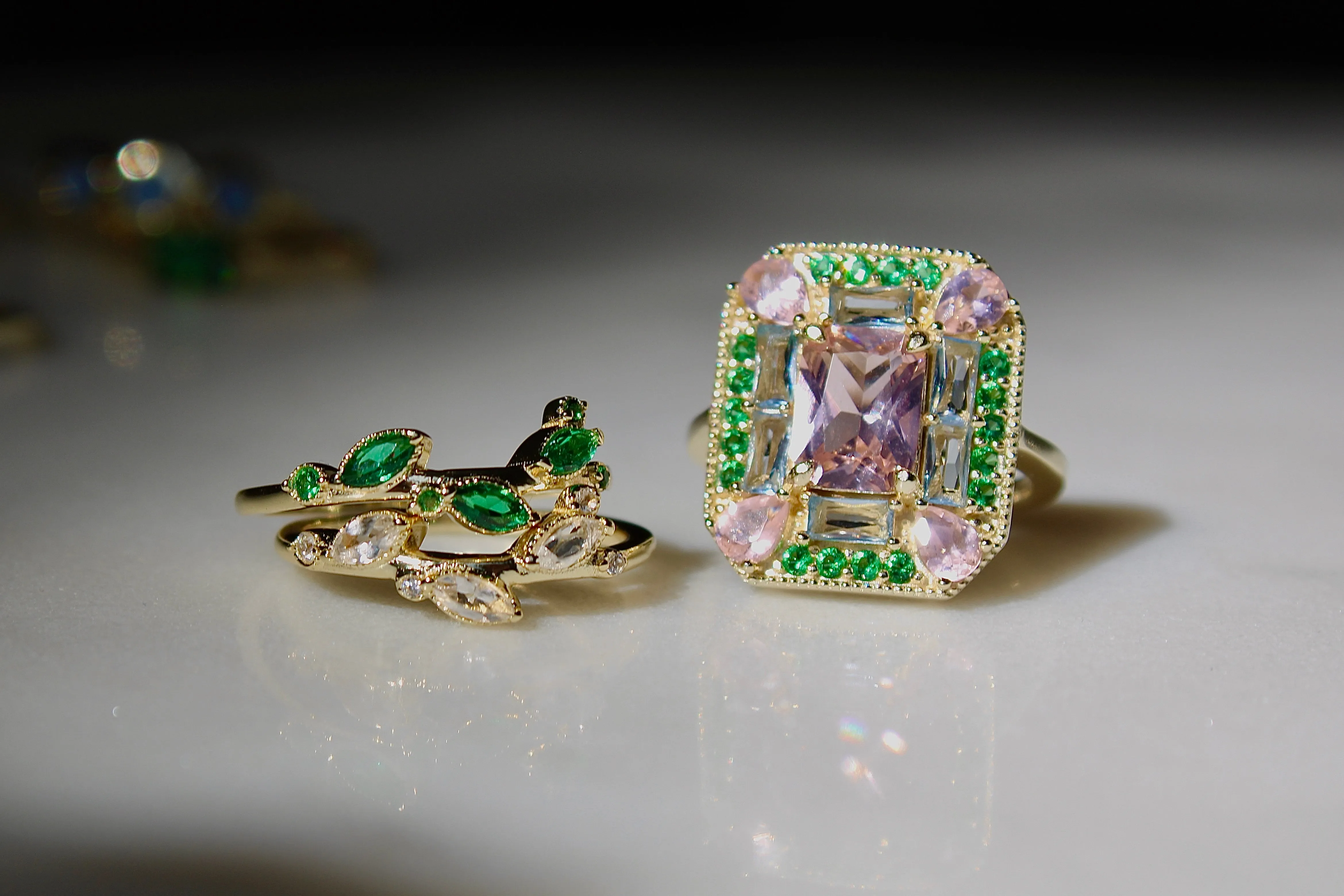Lab-Grown Emerald Morganite Art Deco Cocktail Ring
