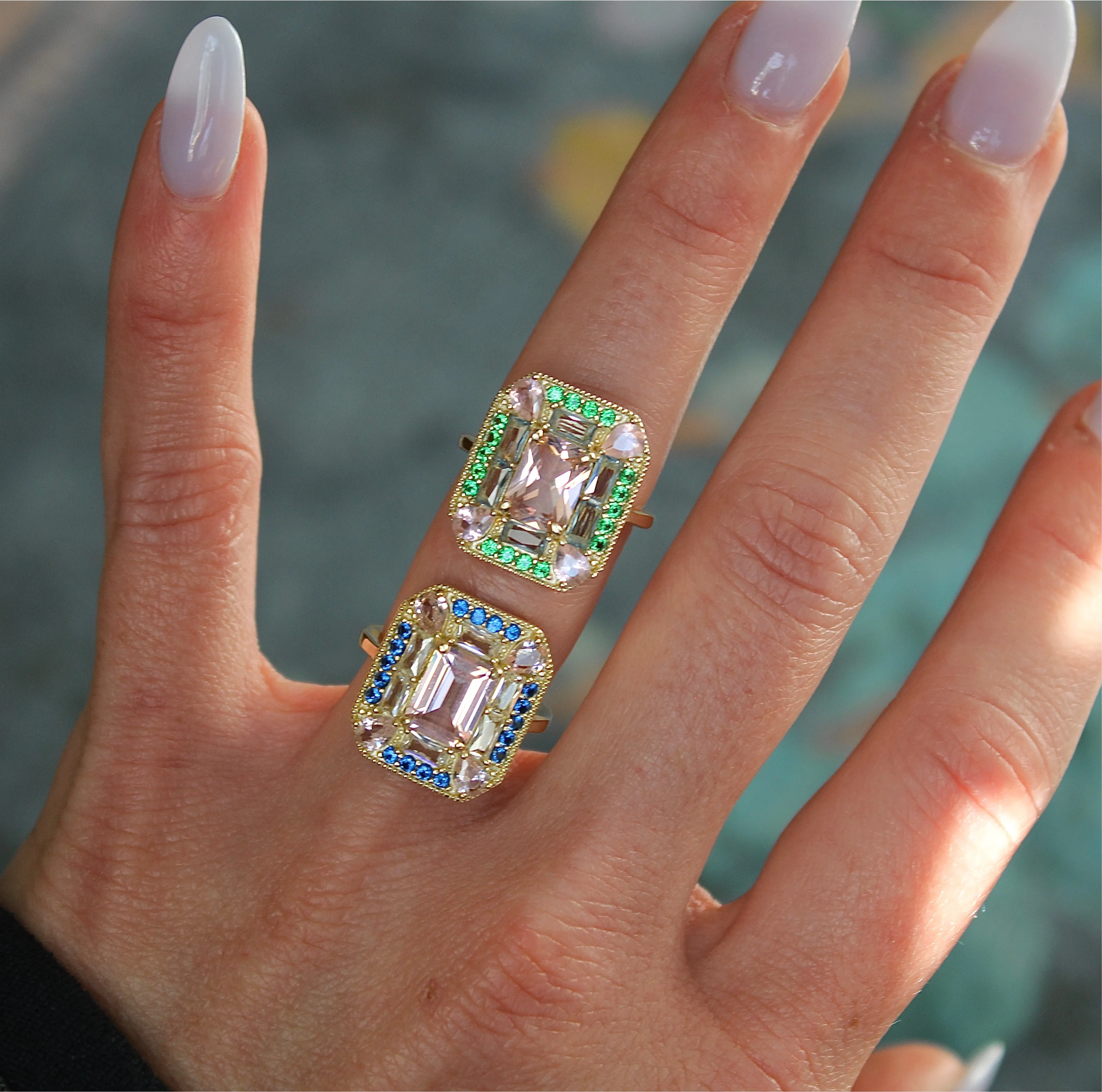Lab-Grown Emerald Morganite Art Deco Cocktail Ring