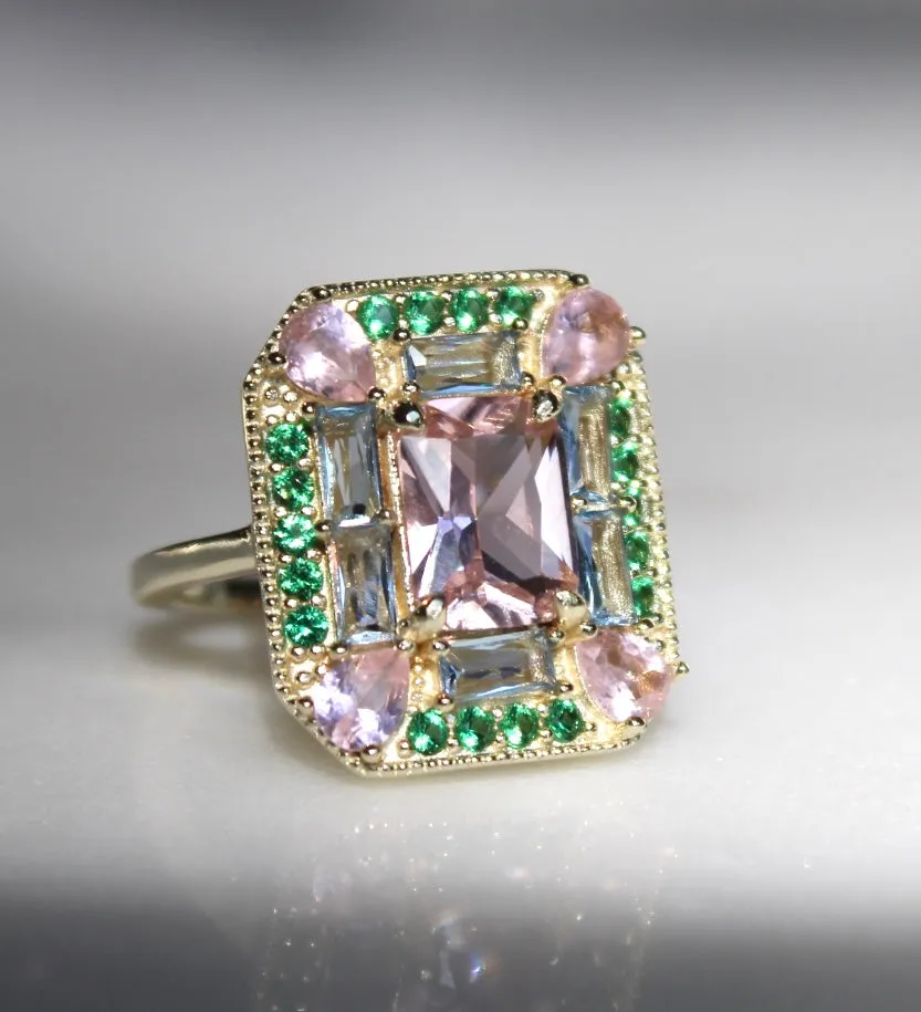 Lab-Grown Emerald Morganite Art Deco Cocktail Ring