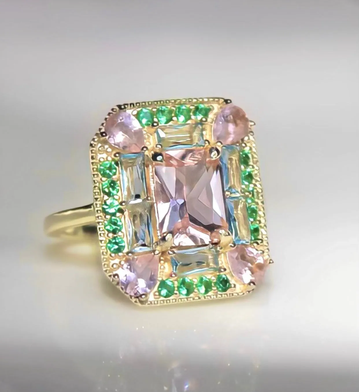 Lab-Grown Emerald Morganite Art Deco Cocktail Ring