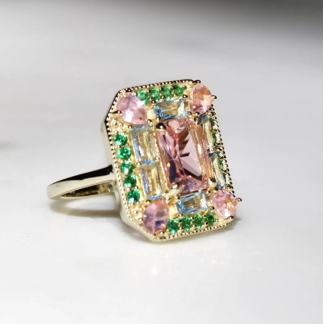 Lab-Grown Emerald Morganite Art Deco Cocktail Ring