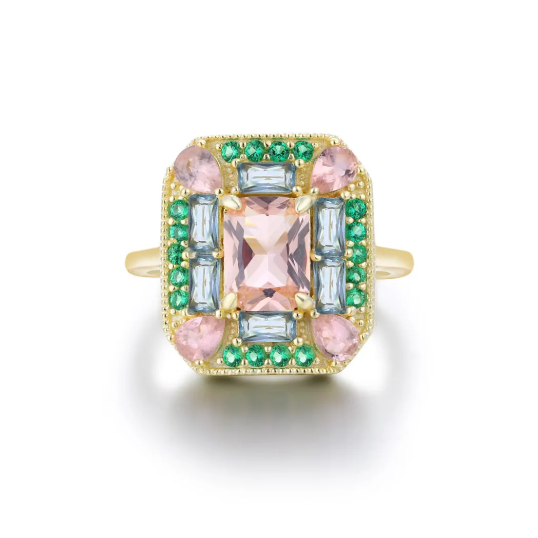 Lab-Grown Emerald Morganite Art Deco Cocktail Ring