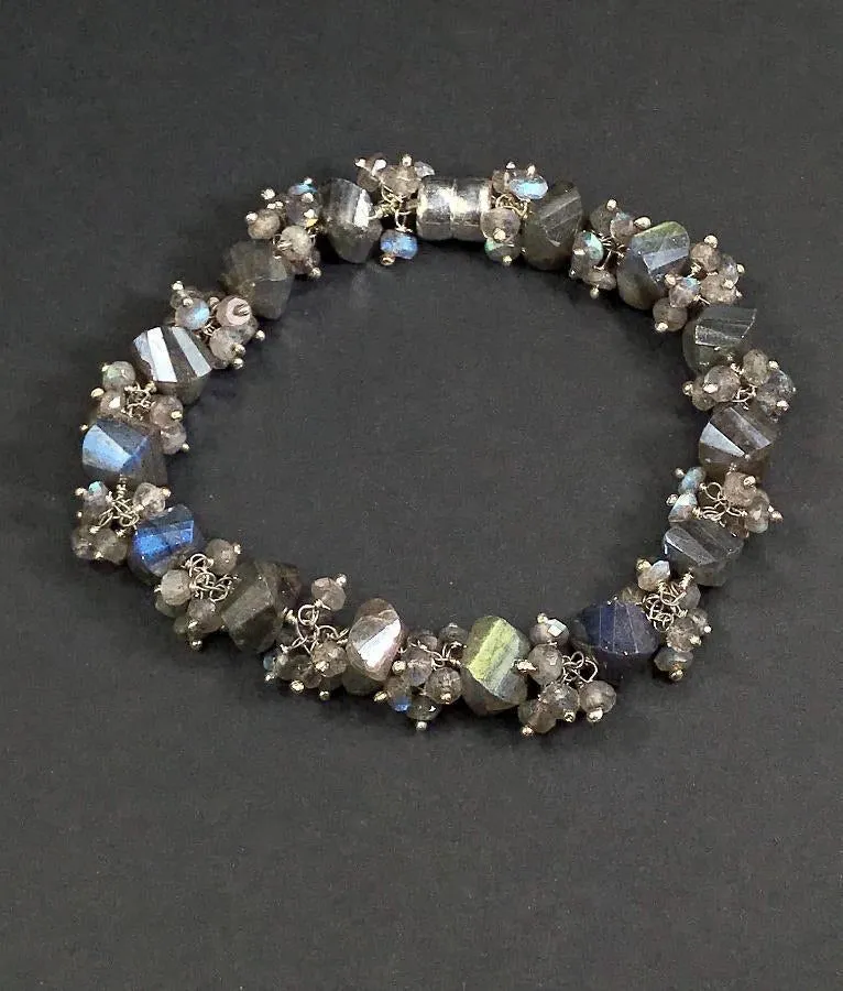 Labradorite Bangle Style Sterling Silver and Cluster Bracelet