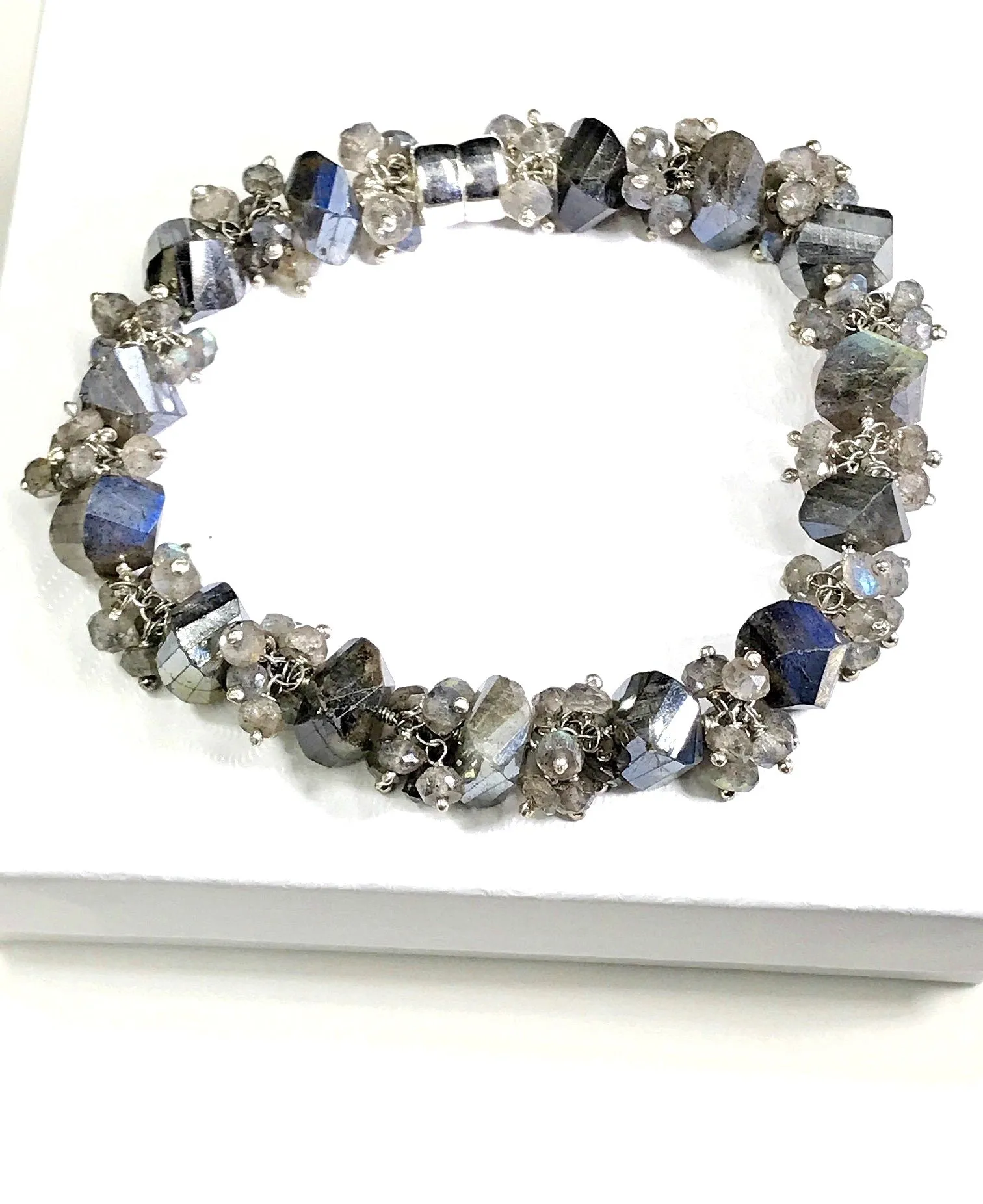 Labradorite Bangle Style Sterling Silver and Cluster Bracelet
