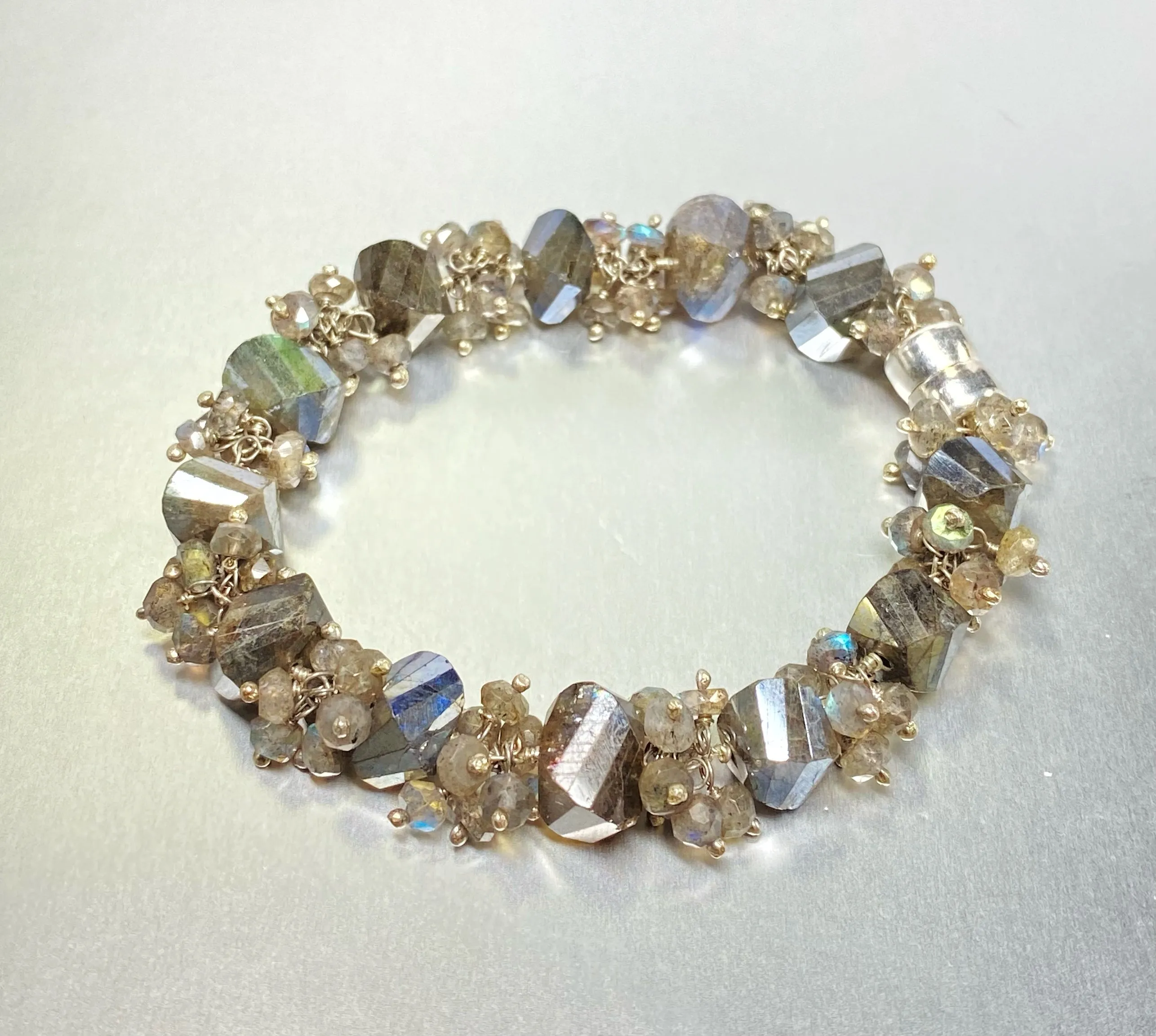 Labradorite Bangle Style Sterling Silver and Cluster Bracelet