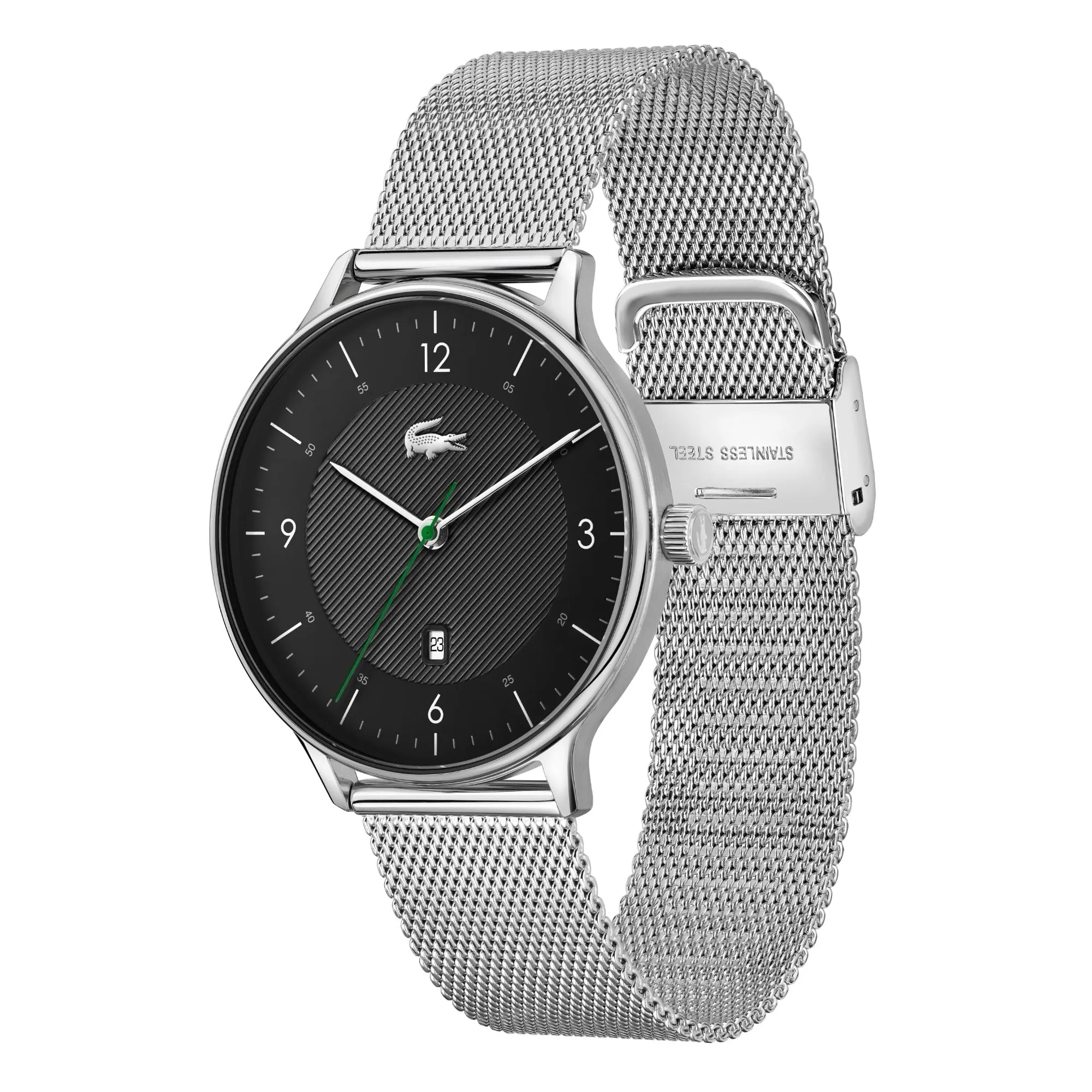 Lacoste Club Men's Slim Black Date Watch Silver Mesh Band