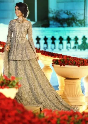 Latest embroidered Indian bridal outfit in lavish ivory color # B3381