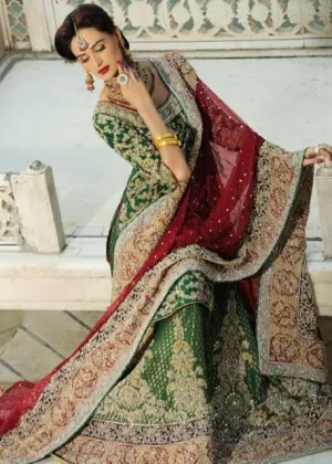 Latest Indian bridal lehnga dress embroidered in green and red color # B3379
