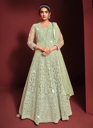 Light Green Heavy Embroidered Kalidar Anarkali