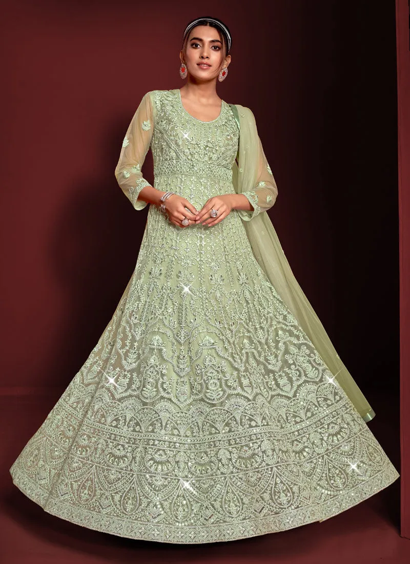 Light Green Heavy Embroidered Kalidar Anarkali